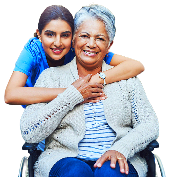 aide and senior woman smiling